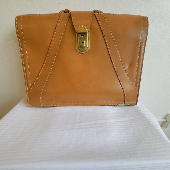 Mid Century Top Grain Cowhide Briefcase Stay Open Frame Vintage Bag with Key MCM - Picture 3 of 16